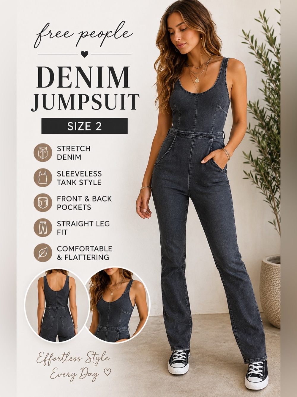 Free People Denim Jumpsuit Dark Wash Sleeveless Stretch One Piece Size 2